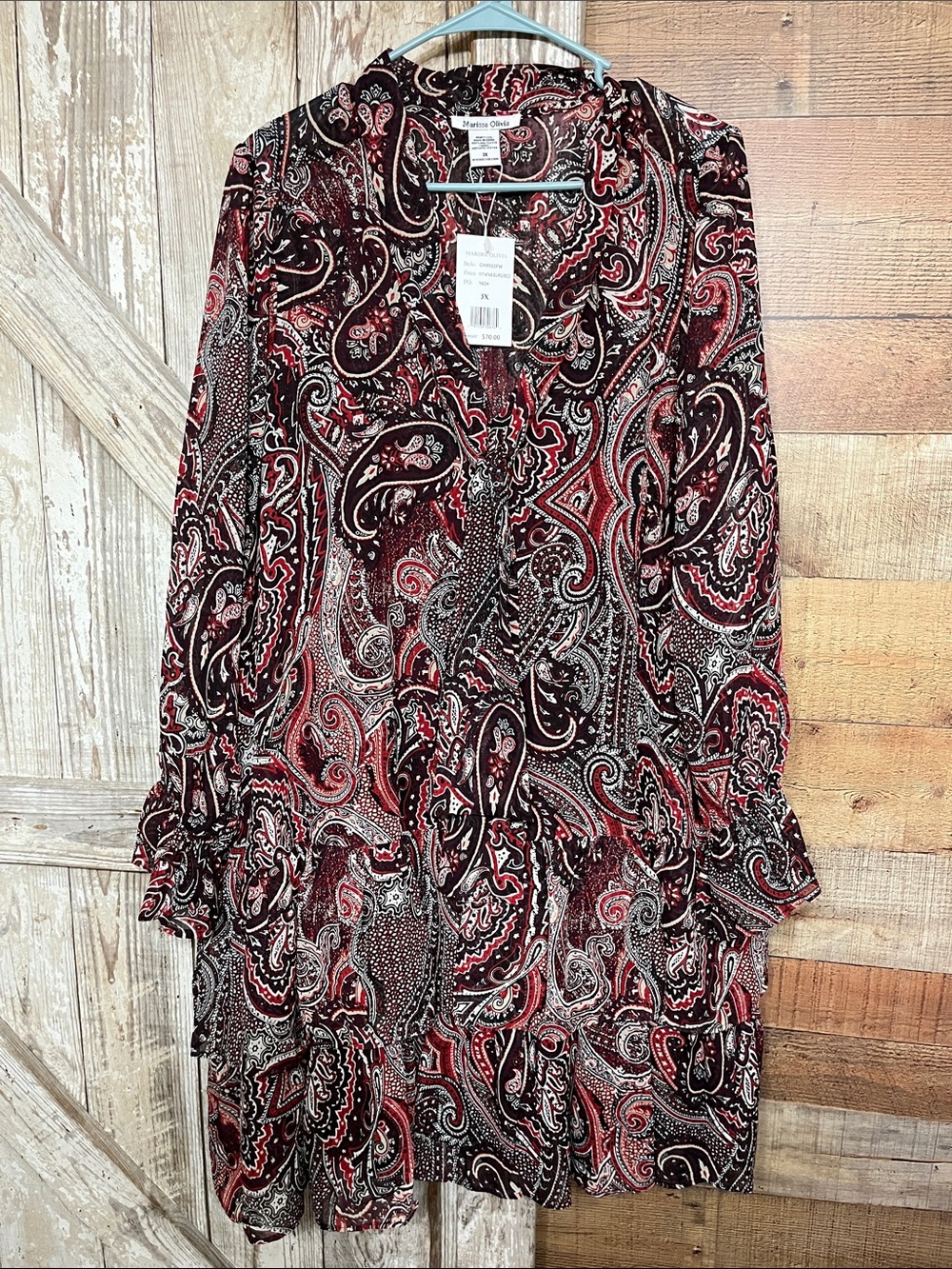 Red and Black Paisley Tiered Long-Sleeve Dress